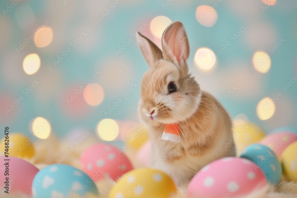 Adorable young rabbit sitting among colorful painted Easter eggs, illuminated by soft bokeh lights creating a magical scene
