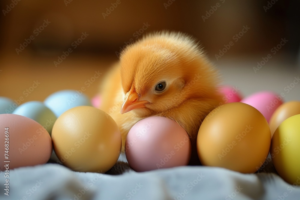 A soft, warm image capturing a sleepy chick nestled among colorful Easter eggs depicting new life and spring