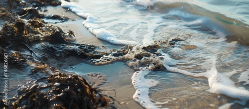 This close-up view captures a city beach affected by an oil spill, with waves rolling in from the ocean. The visible pollution marring the shoreline contrasts with the incoming water. photo