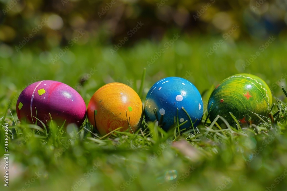 A quartet of vibrant Easter eggs rest on a lush green lawn, signaling the arrival of the spring season