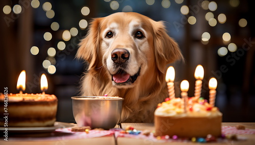 Adorable dog with a birthday hat celebrating a party. Generative AI