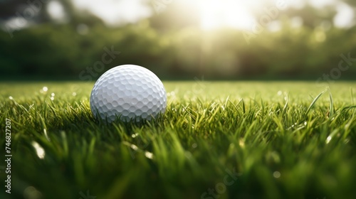 Golf ball on green grass background.