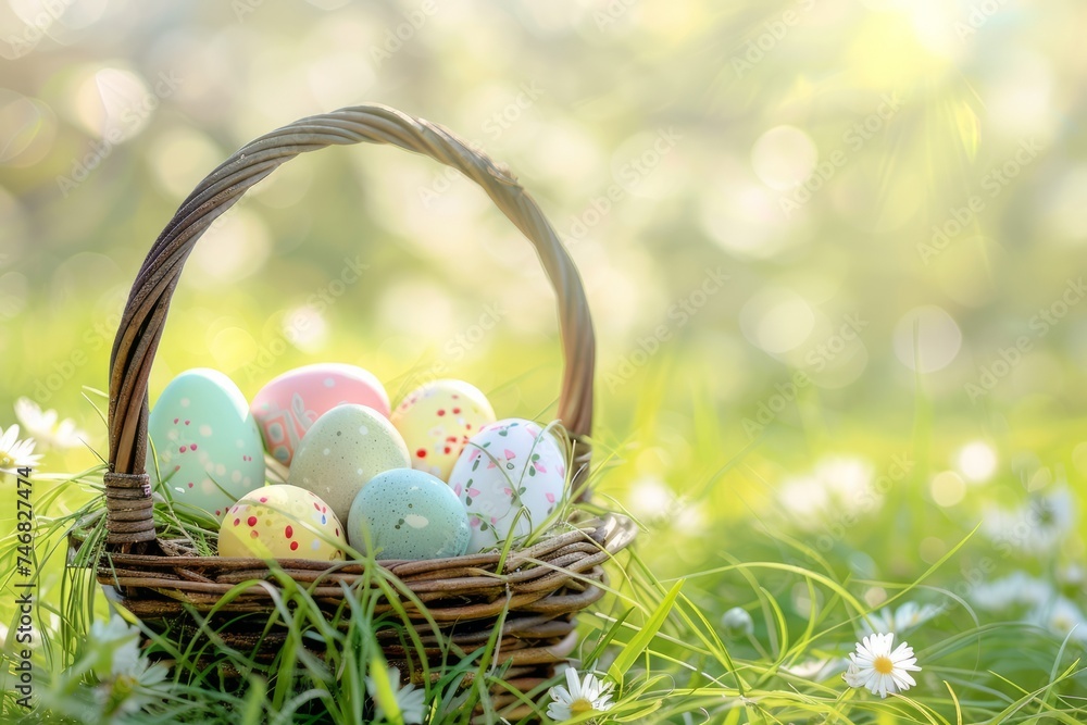 Colorful eggs in a knitting basket in spring sunny , perfect for Easter celebrations. Created with Generative AI. Colorful eggs in a knitting basket in spring sunny , perfect for Easter celebrations. Created with Generative AI.