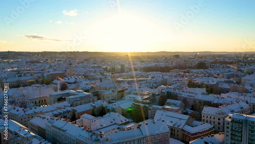 Graz austria winter skyline aerial view drone footage of city gratz at winter snow panorama. photo