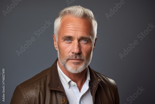 Handsome mature man with grey hair and beard wearing a brown leather jacket. © Inigo