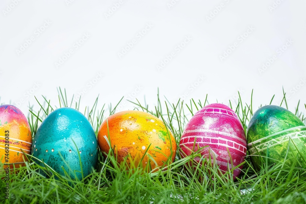 The beauty of the handmade colorful easter eggs sitting on green grass against a white background. Created with Generative AI.