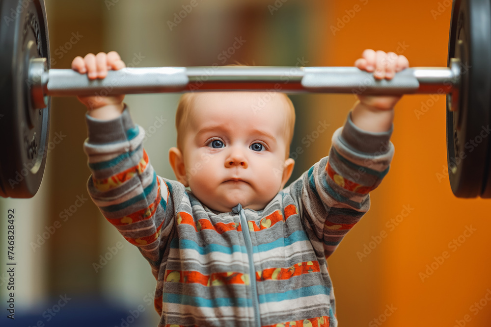 Strong baby boy lifting a heavy barbell. His parents are personal trainers. Strong baby boy lifting a heavy barbell. His parents are personal trainers.