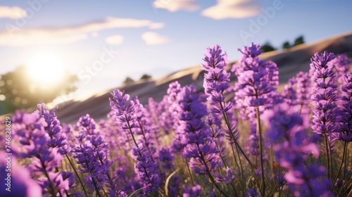 Lavender flowers in the mountains at sunset. Summer landscape.