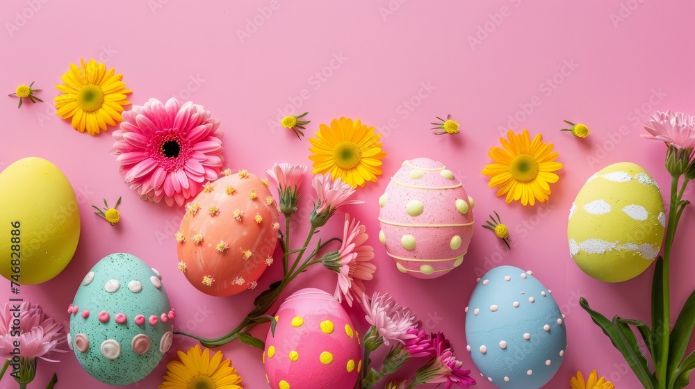 Colourful, handmade, Easter eggs sit next to ornate flowers on a pink background. They are so cute and funny. Created with Generative AI.