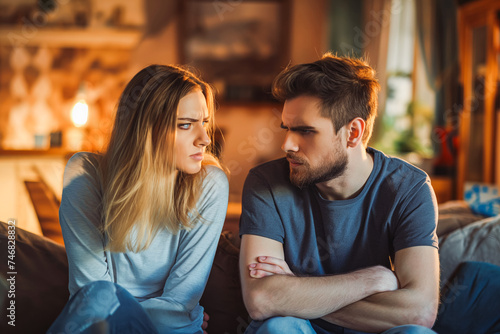 Young Couple angry to each other at home. Sitting in living room looking face to face.