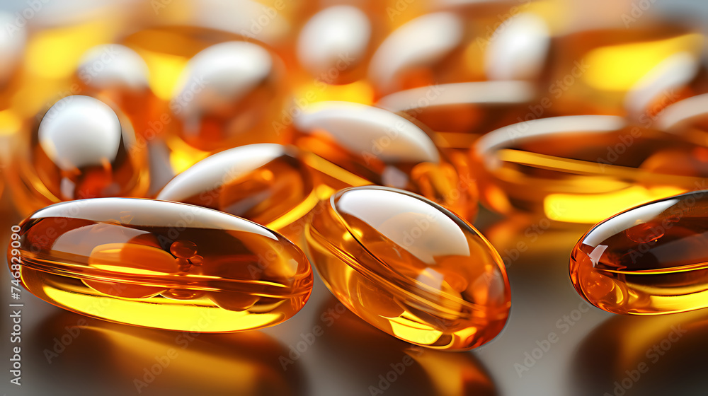 Fish oil capsule close up, concept of healthy diet and healthy food supplements Fish oil capsule close up, concept of healthy diet and healthy food supplements