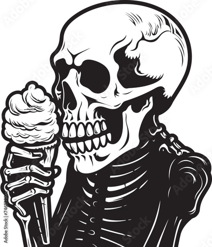 Skeletal Savoring Skeleton Enjoying Soft Serve Vector Graphic Bone Chilling Bliss Soft Ice Cream and Skeleton Emblem