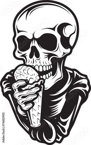 Chilling Chews Skeleton Enjoying Soft Serve Vector Emblem Frozen Delights Skeleton with Soft Ice Cream Graphic