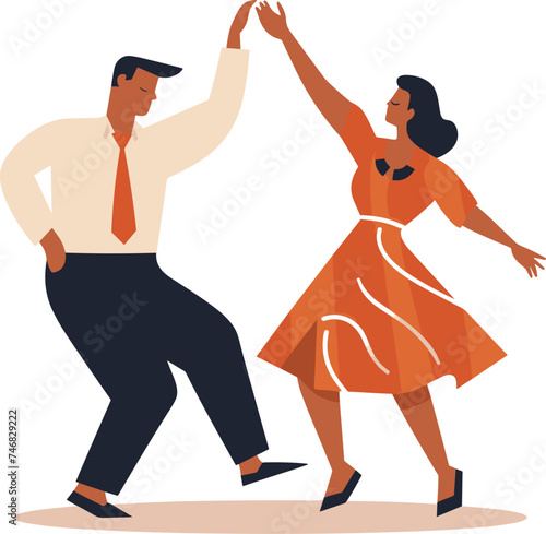 Man and woman dancing salsa in elegant dress and suit. Couple enjoys Latin dance party. Joyful dance event and celebration vector illustration.