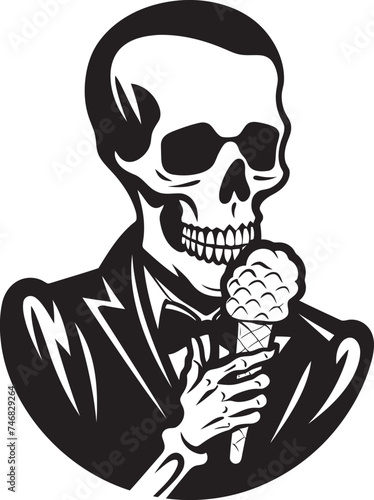Chilling Treats Skeleton Enjoying Soft Ice Cream Emblem Frozen Frights Skeleton with Soft Serve Ice Cream Logo