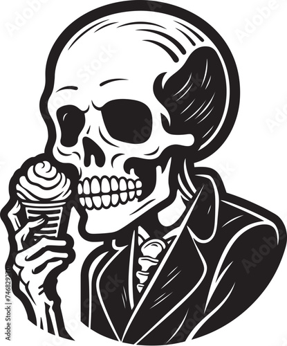 Icy Terror Skeleton Enjoying Soft Serve Logo Design Ghostly Goodies Skeleton Licking Soft Ice Cream Emblem