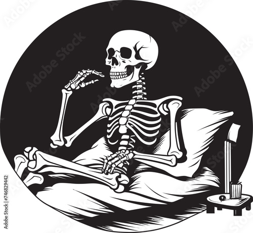 Ghostly Siesta Skeleton Resting on Bed Emblem Bed of Nightmares Skeleton Lied on Bed Graphic