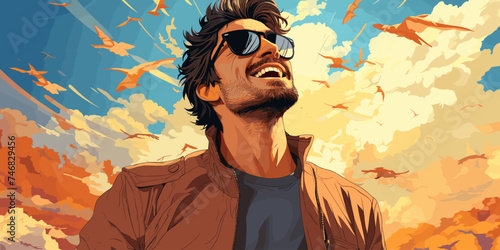 lonely man looks up at the sky feeling blue background are windy autumn leaves in pastel vector illustration