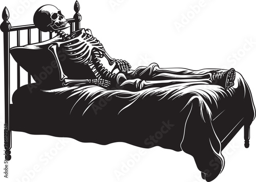 Bed of Nightmares Skeleton Lied on Bed Graphic Creepy Cuddle Skeleton Resting on Bed Icon