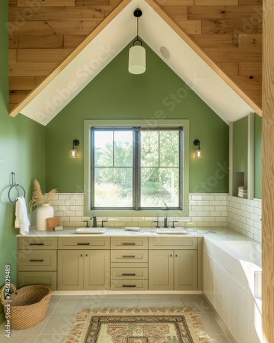 Spacious modern bathroom with natural light and green accent walls