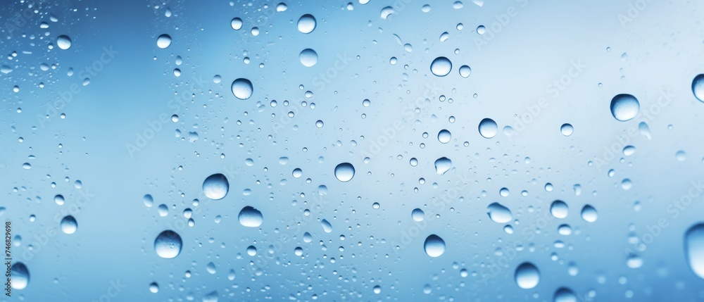 Water drops on glass surface. Raindrops on blue glass background. Water drops on glass surface. Raindrops on blue glass background.