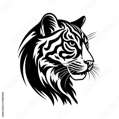 head of a tiger cat black and white vector illustration isolated transparent background logo, cut out or cutout t-shirt print design