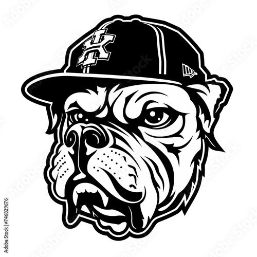 bulldog dog wearing a cap black and white vector illustration isolated transparent background logo, cut out or cutout t-shirt print design