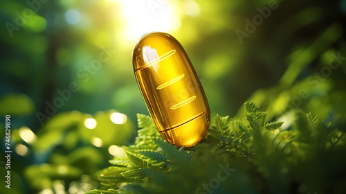 Fish oil capsule close up, concept of healthy diet and healthy food supplements photo