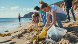 group of volunteers cleaning up a beach as part of Earth Day's efforts to combat ocean pollution