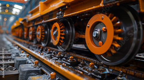 Closeup of train wheels inside a rail yard, where it's getting worked on. photo