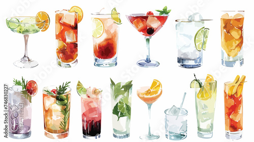 Watercolor illustration of drinks and cocktails 