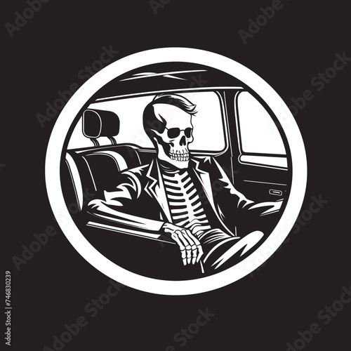 Macabre Motors Car with Skeleton Icon Logo Spine Chiller Cruiser Skeleton Riding in Car Vector