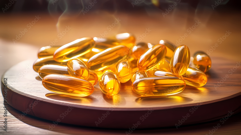 Fish oil capsule close up, concept of healthy diet and healthy food supplements Fish oil capsule close up, concept of healthy diet and healthy food supplements