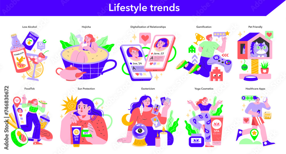 Lifestyle trends set. Modern life visualized in vibrant vectors.