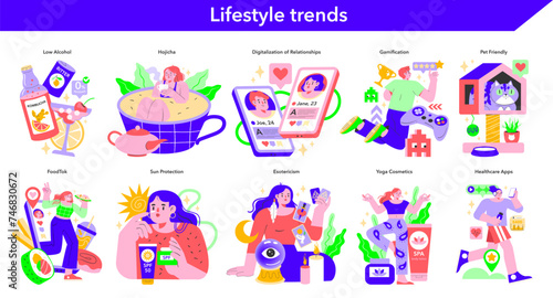 Lifestyle trends set. Modern life visualized in vibrant vectors.