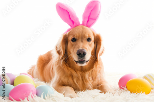 Easter labrador: rabbit ears, colored eggs on white - conceptual holiday