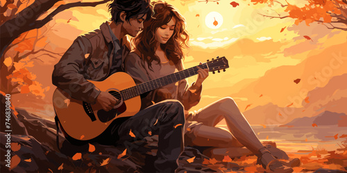 lovers sitting and playing guitar under the tree in autumn, digital art style, illustration painting