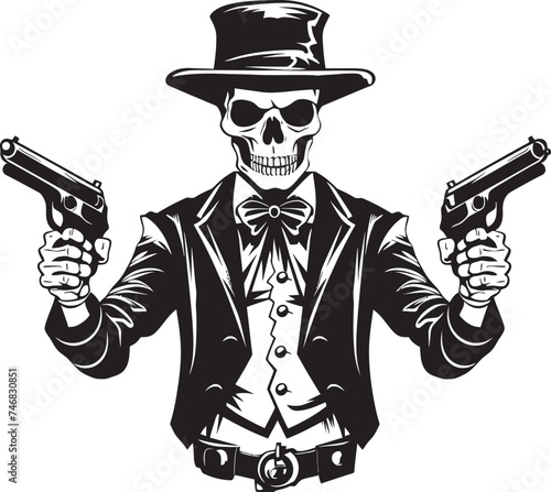 Deadshot Bones Skeleton with Guns Graphic Gunpowder Guardian Skeleton Holding Guns Logo