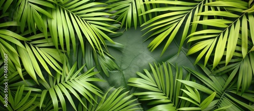 A bunch of green palm leaves securely attached to a wall  creating a vibrant and tropical aesthetic. The leaves are lush and plentiful  adding a touch of nature indoors.