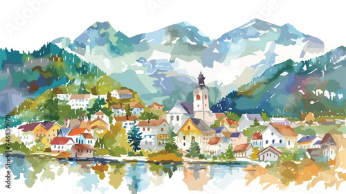 Watercolor illustration of small village in Europe.