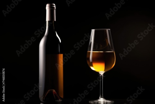 A single bottle and a filled glass of amber wine displayed against a dark backdrop. Elegant Amber Wine Presentation
