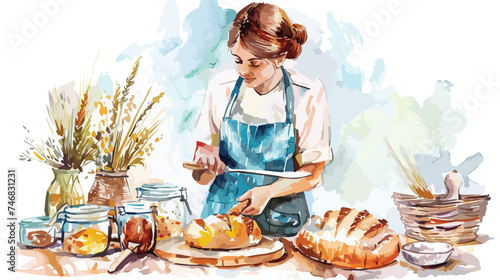 watercolor illustration young woman cook baking 