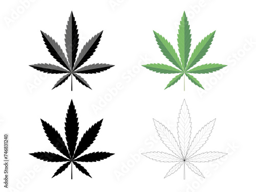 Cannabis Blatt Silhouette, Sammlung mit vier verschiedene Sorten,
Vektor Illustration isoliert auf weißem Hintergrund
