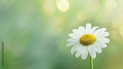 A dew-covered daisy against a blurred green background