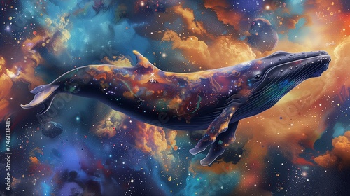 Whale Floating in Space surrounded by stars galaxies. Graceful majestic swims through cosmic void