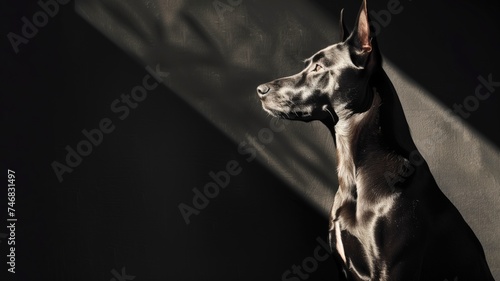 Doberman Pinscher in profile with sunlight and shadows