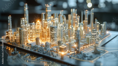 Illuminated miniature cityscape model with glowing lights
