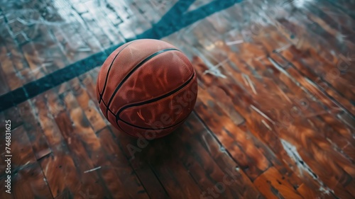 A basketball on a glossy wooden court © Татьяна Макарова