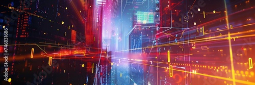 Cybernetic cityscape with neon lights and futuristic connectivity © SwiftCraft