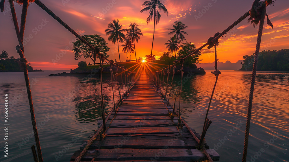 Wooden bridge over the sea at sunset, Koh Samui, Thailand